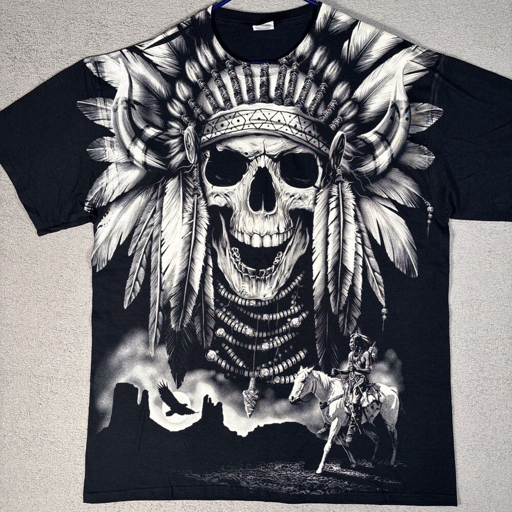 VNTG‎ Fruit Of The Loom T Shirt Mens XL Skull Indian Headdress Biker Graphic Tee